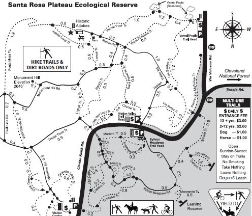 Map and Legend of the Preserve. Pedestriannonly on the left. Pedestrian, dogs, horses and cycling on the right