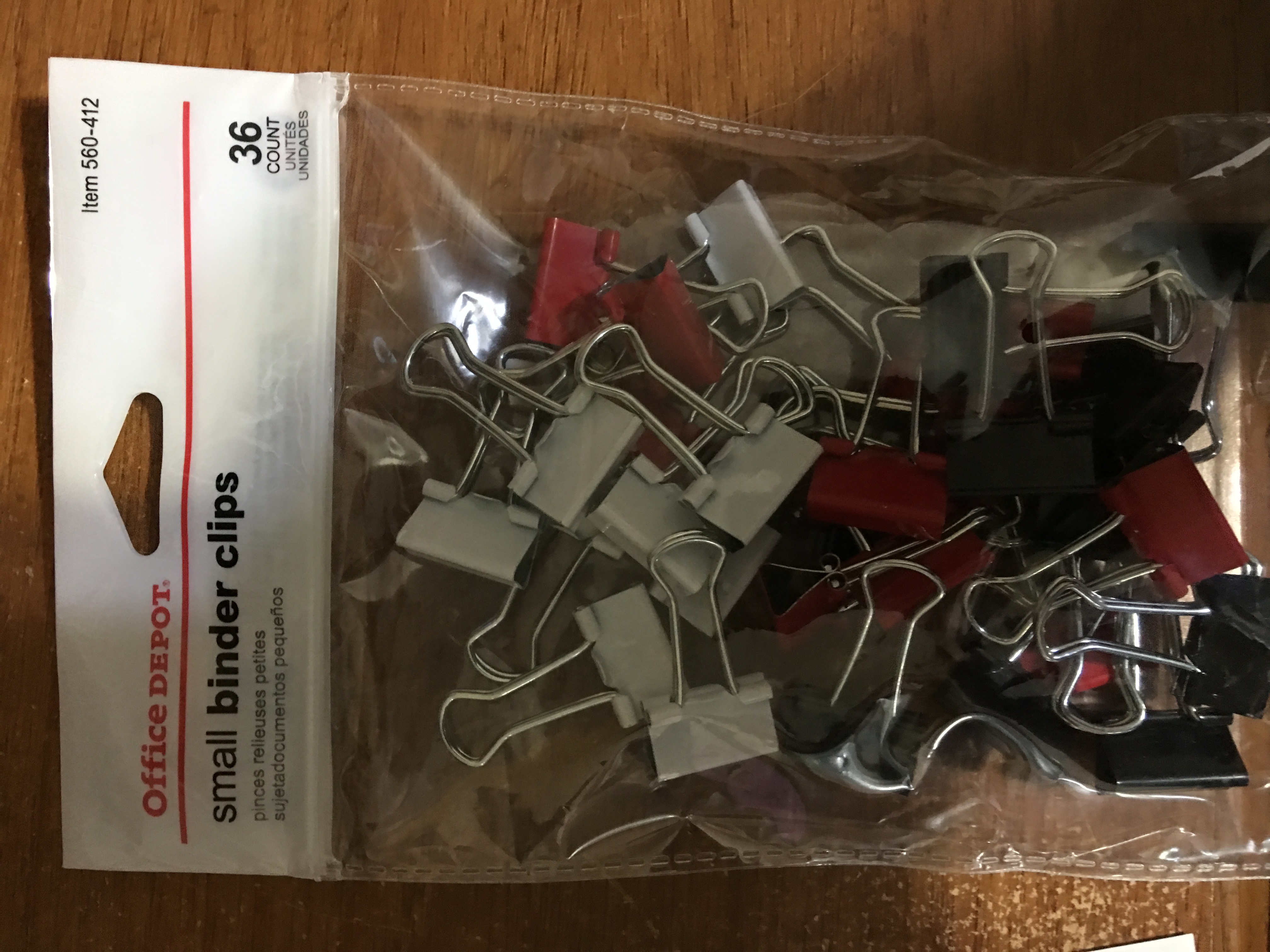 Office Depot binder clip assortment.