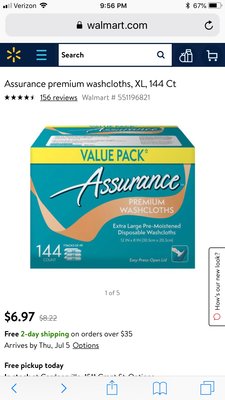 Assure wipes can be purchased at Walmart in a large box for under $7.00 which has 3 individual recloseable bags