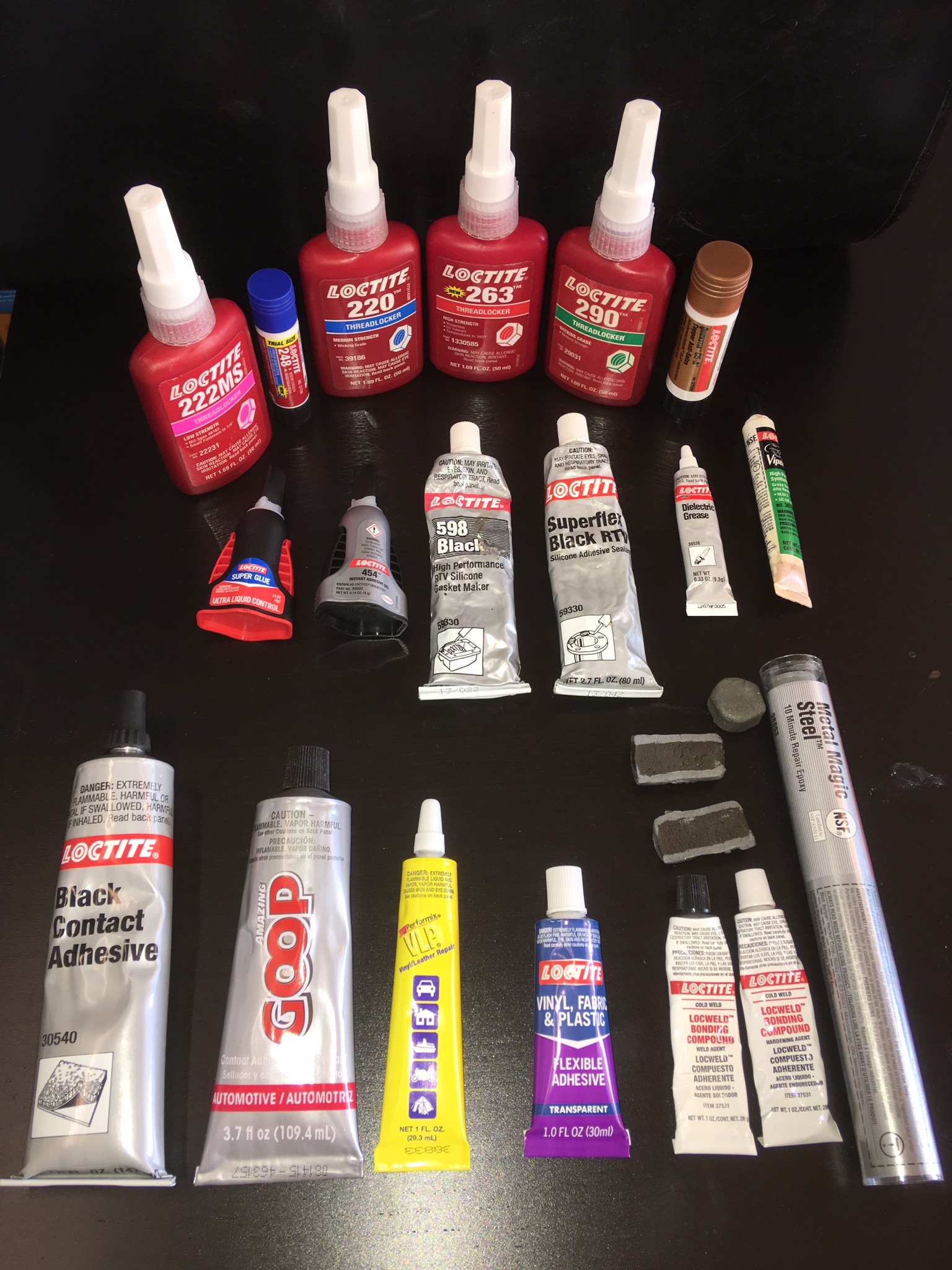 Various Adhesives can be useful to have on hand. My choice would be a solvent/rubber based adhesive, a super glue and an epoxy  to start with.