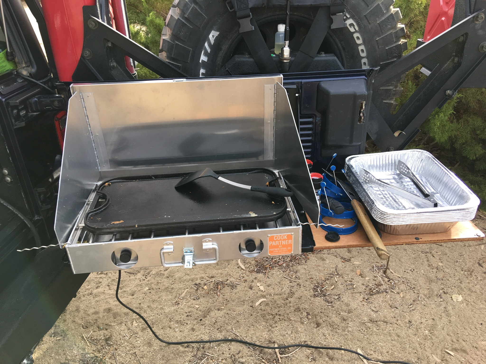 When cooking for a large group, it is nice to have more than one cook surface. We used two camp stoves
