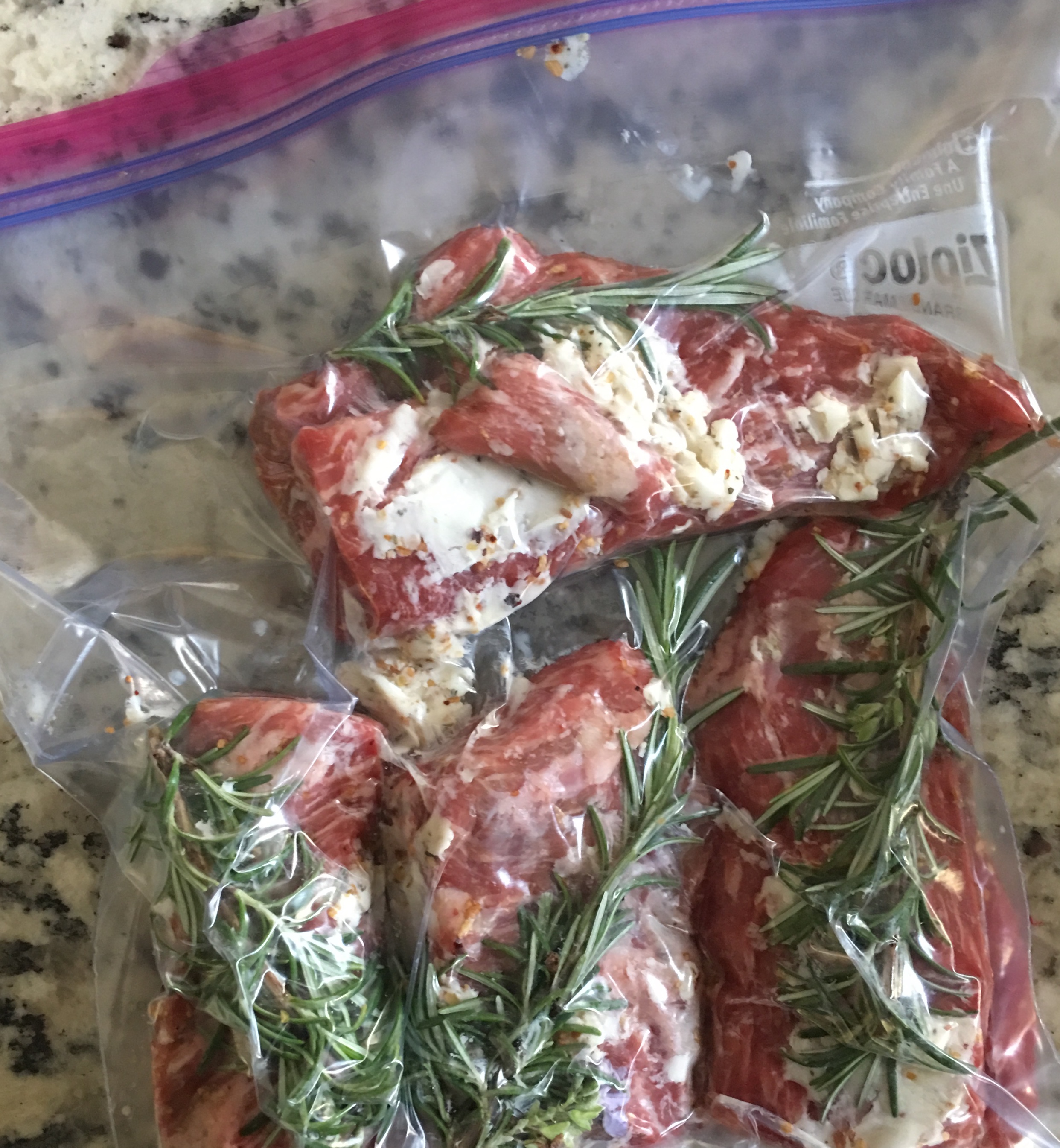 Food seasoned and placed in a seal bag. This can be placed in the water bath fresh or frozen. It really doesn’t matter!