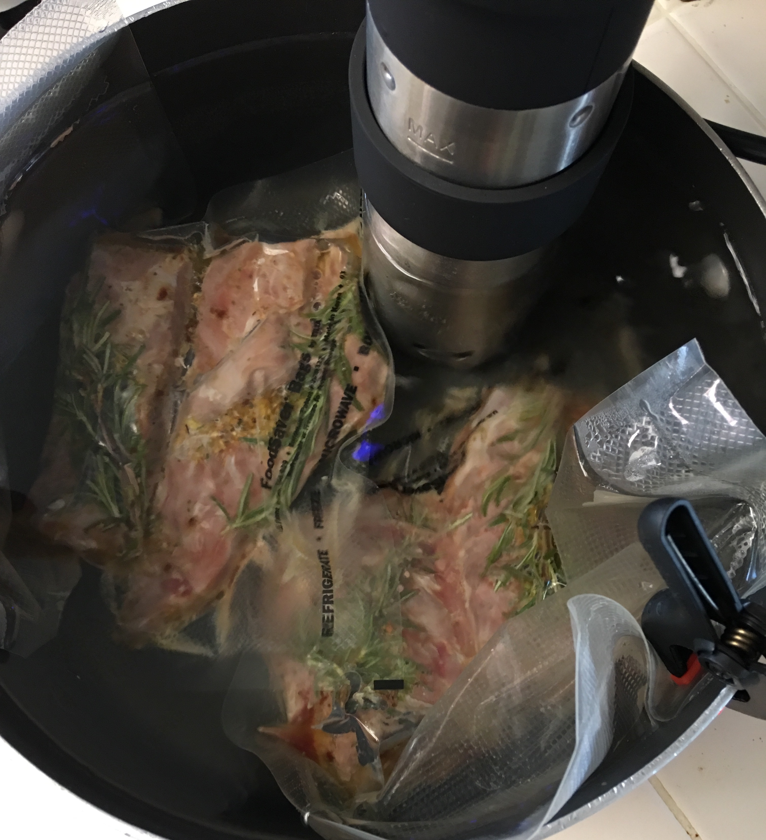 The unit circulates water at a very precise temperature to evenly cook the food. You Can pre-cook steaks at different temps ahead of time based on your parties preference and just mark the bag. No tearing open the meat to see who’s is who’s.