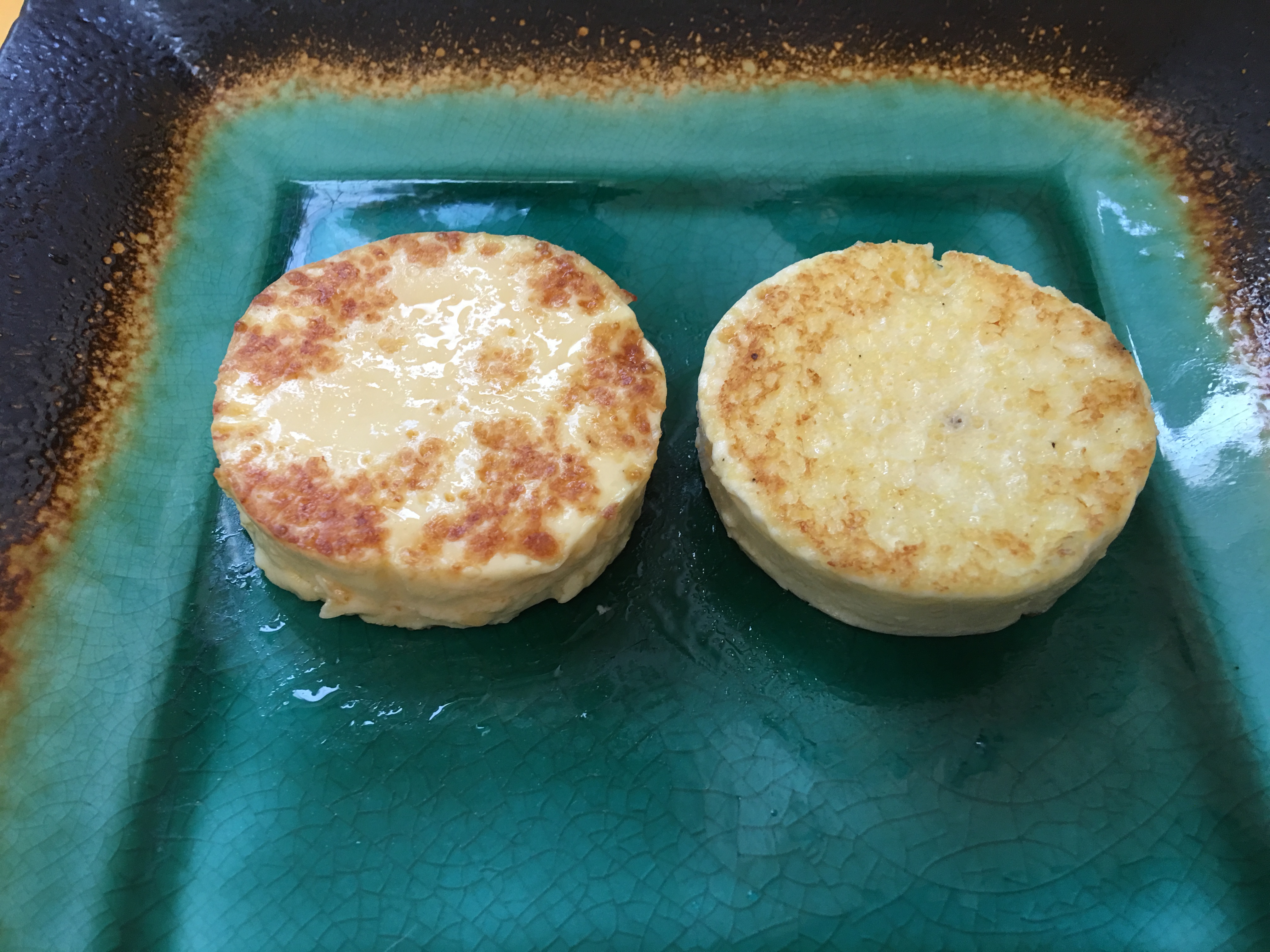 Eggs removed from jar, sliced in have and given a quick sear. The inside is like custard.