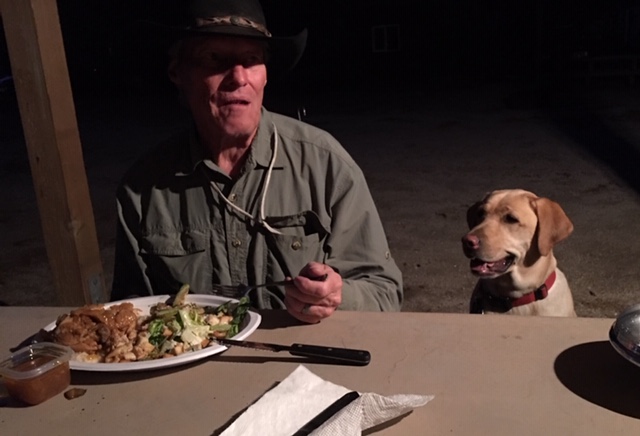 Dave enjoying his Chicken Adobo with CJ hoping to assist.