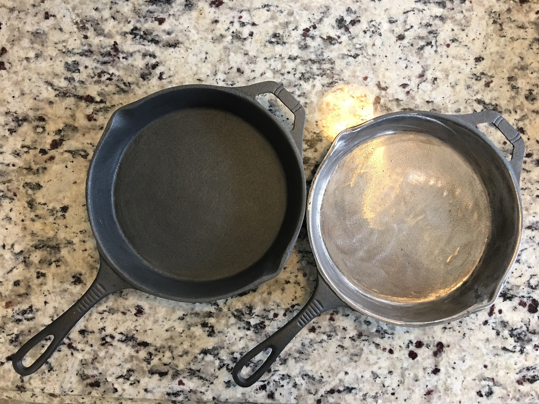 Two identical pans, one sanded to a smooth but not polished finish.