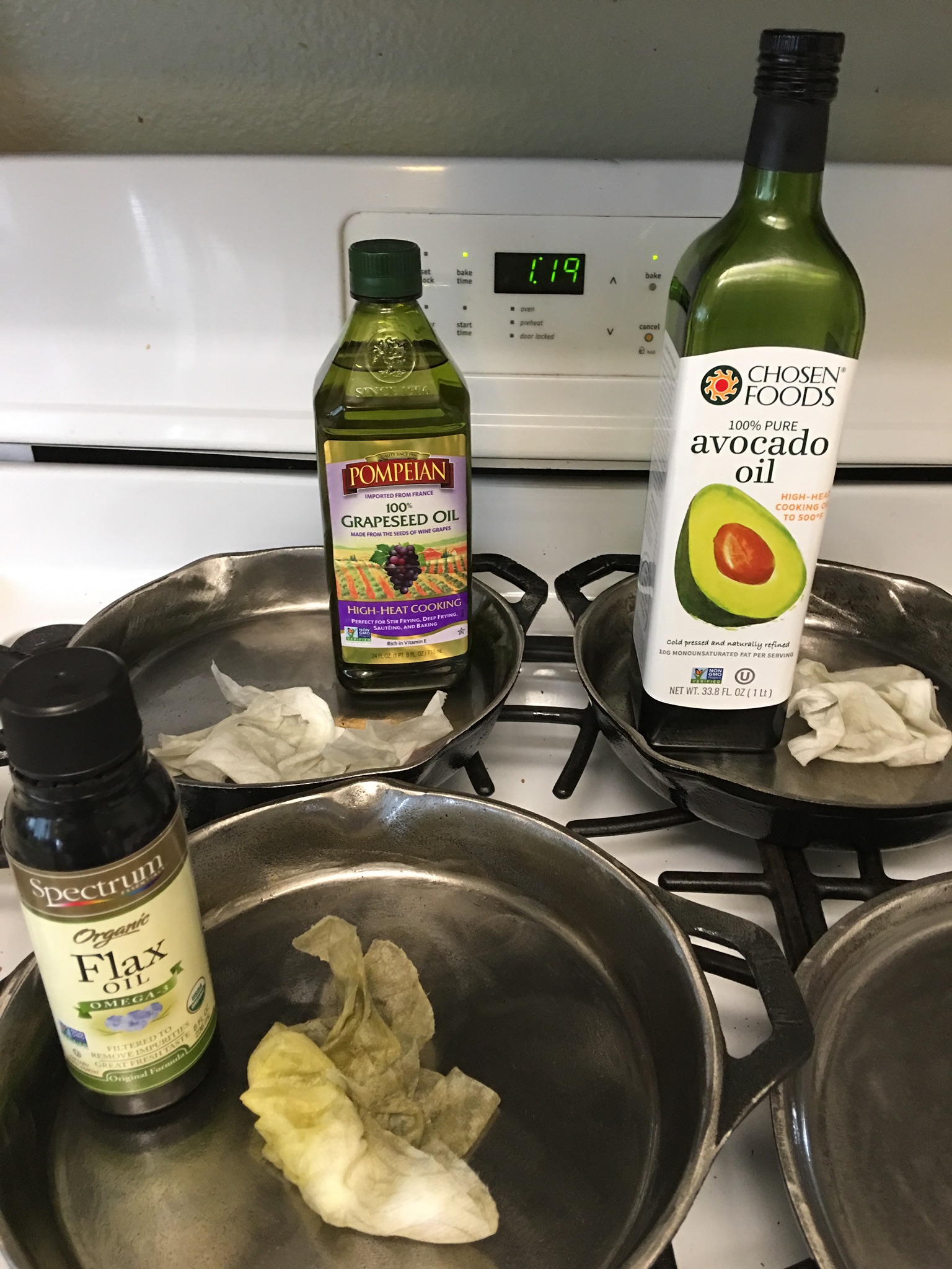Three identical pans. All had equal amounts of three different oils. Flax seed, grape seed and avocado. A very high smoke point is what they have in common.