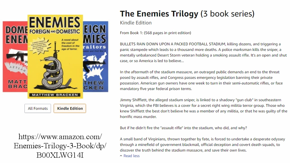 A little reading as well.  Based on the a series of books written around mid-2000 by Matthew Bracken, a former Navy SEAL.  The series eerily depicts a breakdown of our liberties and the circumstances that lead up to an even deeper and darker polarization of the United States of America.  https://www.amazon.com/Enemies-Trilogy-3-Book/dp/B00XLWG14I