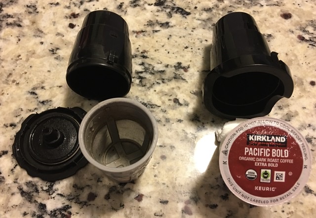 Reusable filter and holder on left, K-cup holder on right.
