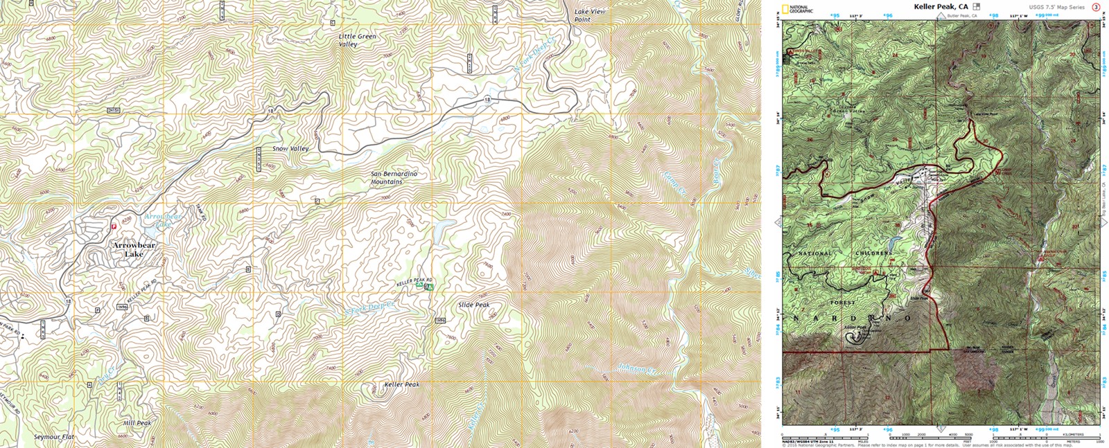Again, we're looking at the USGS map on the left and the NatGeo map on the right.  Clearly two very different looking maps of the same area (not necessarily the same scale at this point).
