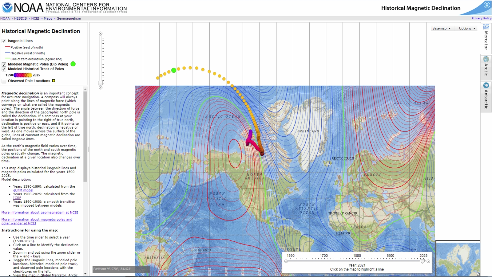 The green dot shows where the magnetic north is now and you can see how the magnetic field has changed over the decades.