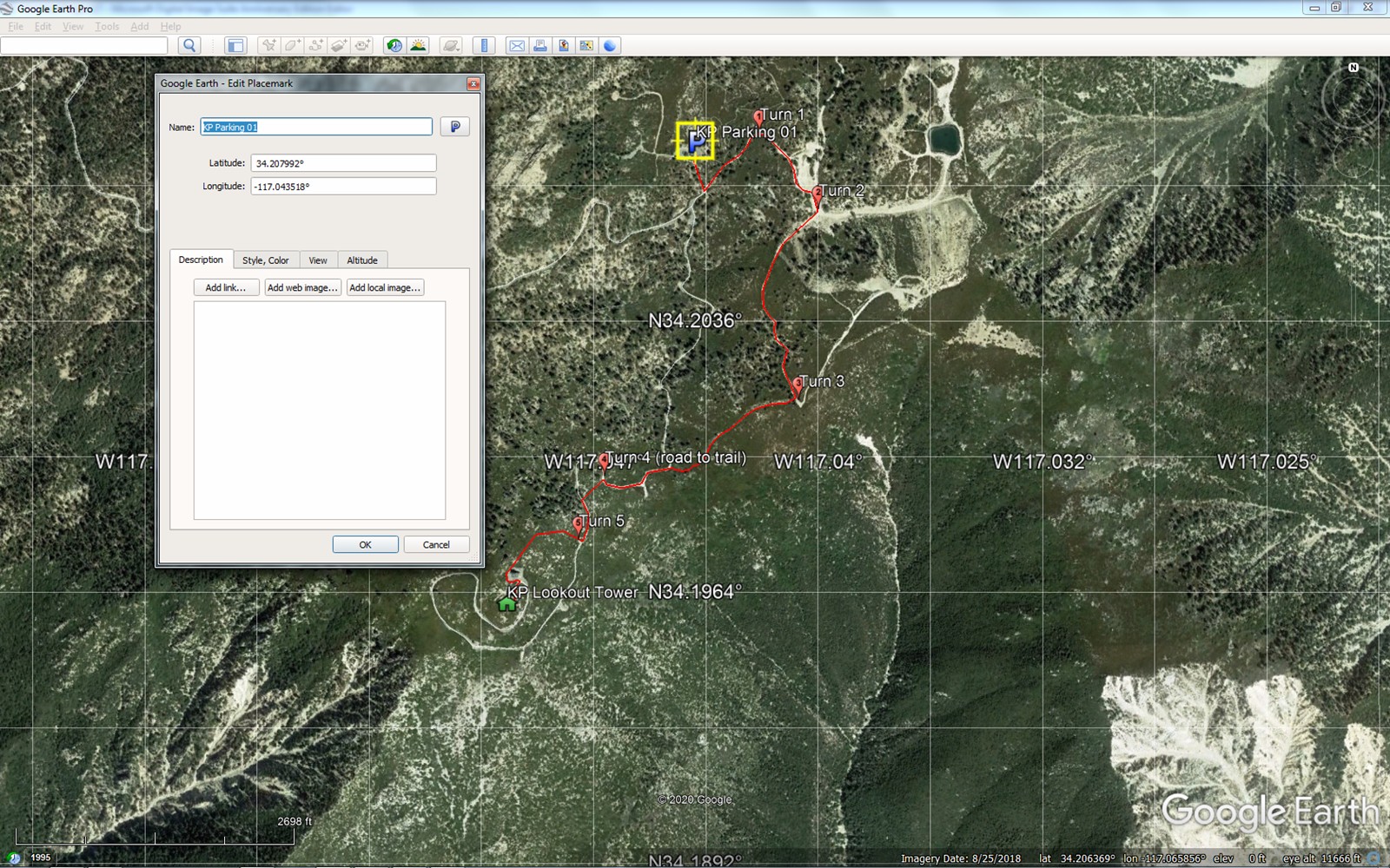 Put in PNT 1-6 and the end point the KP lookout.  Use GPS to show general direction and set compass between each point.