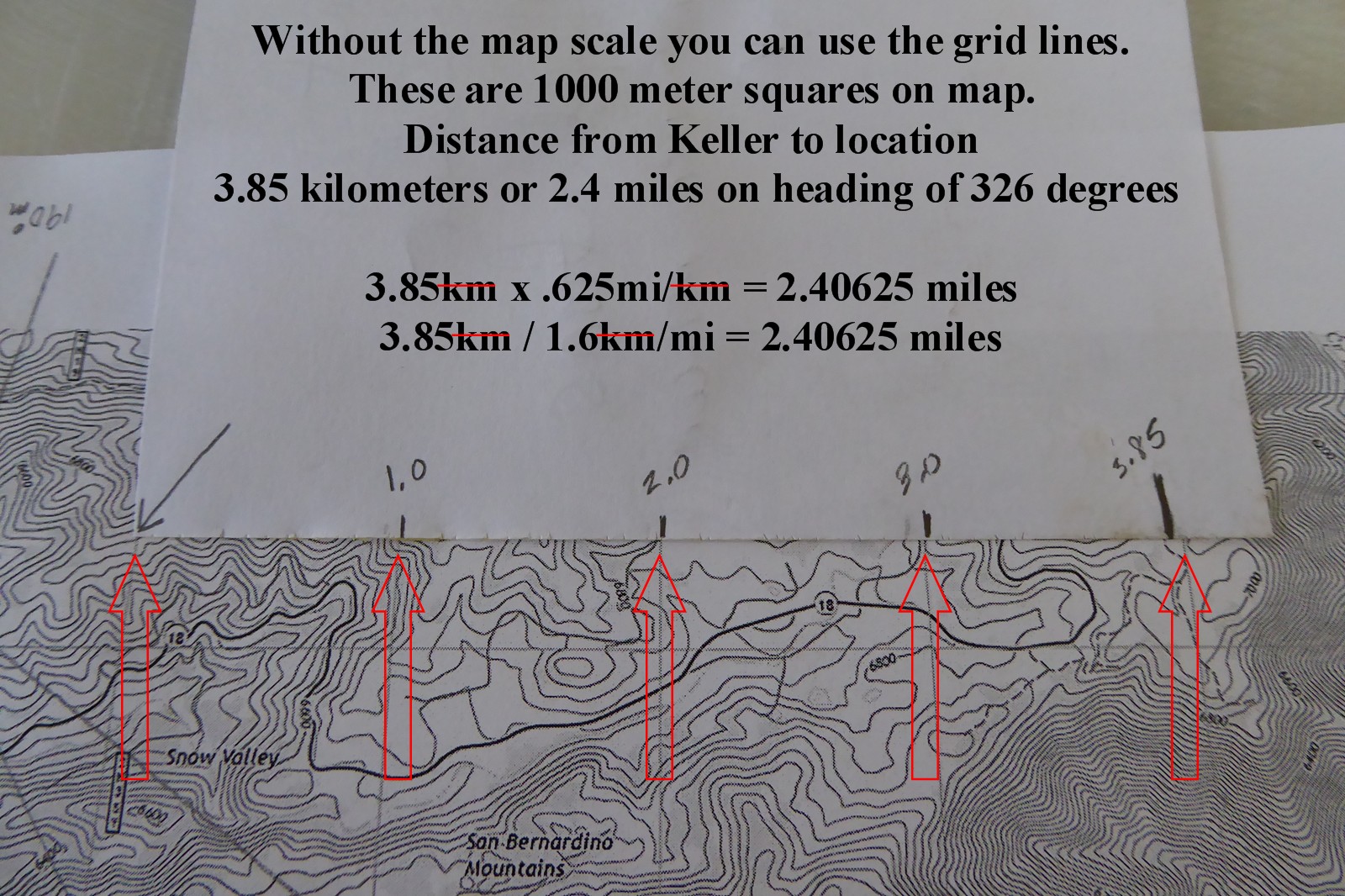 Here, I use the 1,000 meter grid squares to measure the distance to within 3.85 kilometers and with that I can convert to miles by dividing by 1.6 km/miles or multiply .625 miles/km.
