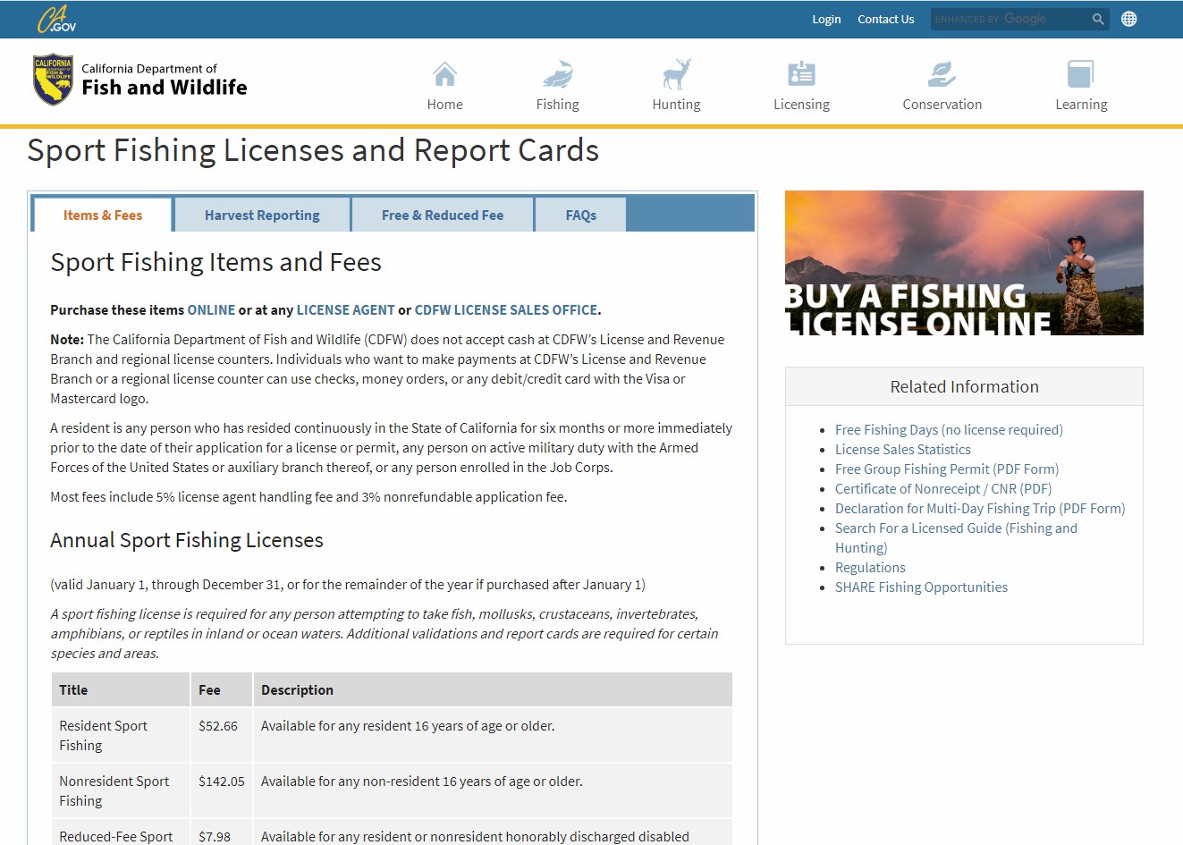 Annual sport fishing:  $52.66<br />Ocean Enhancement:  $5.97<br />Second Rod Stamp:  $16.46