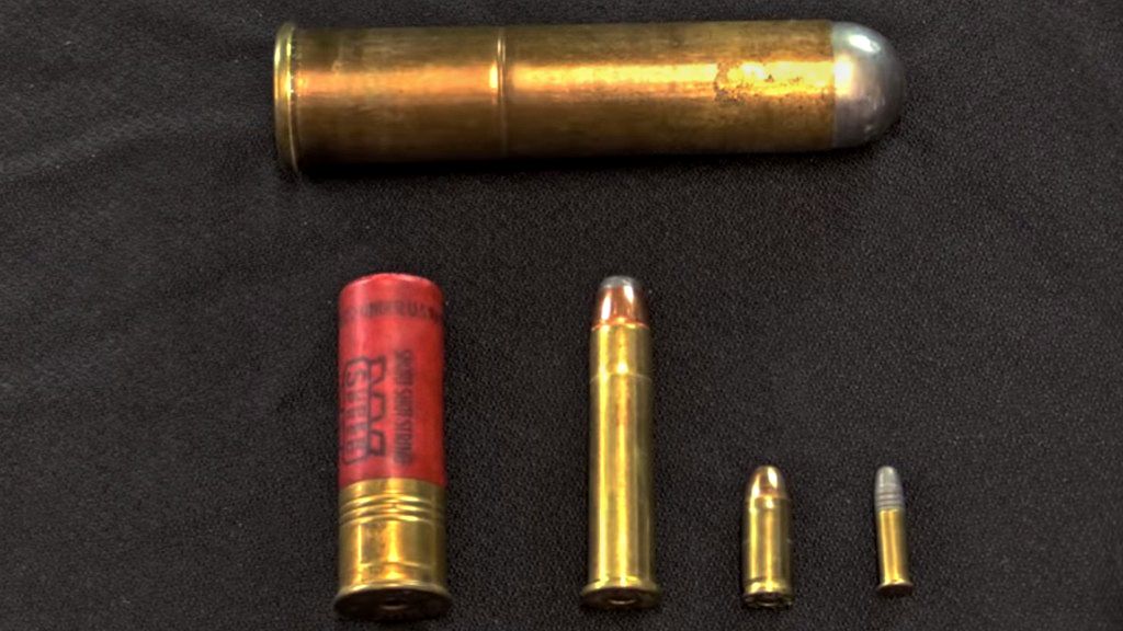 Across the top:  4-Bore or 4ga rifle cartridge dwarfing; (L-R) 12ga, .45-70 Government, 9mm &amp; .22 LR.