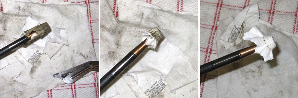 Replace patches as often as deemed necessary and remember the goal is to not only make sure the barrel is clean but dry as well to avoid rust.  This is where a rust inhibitor may be a good last patch to run through.