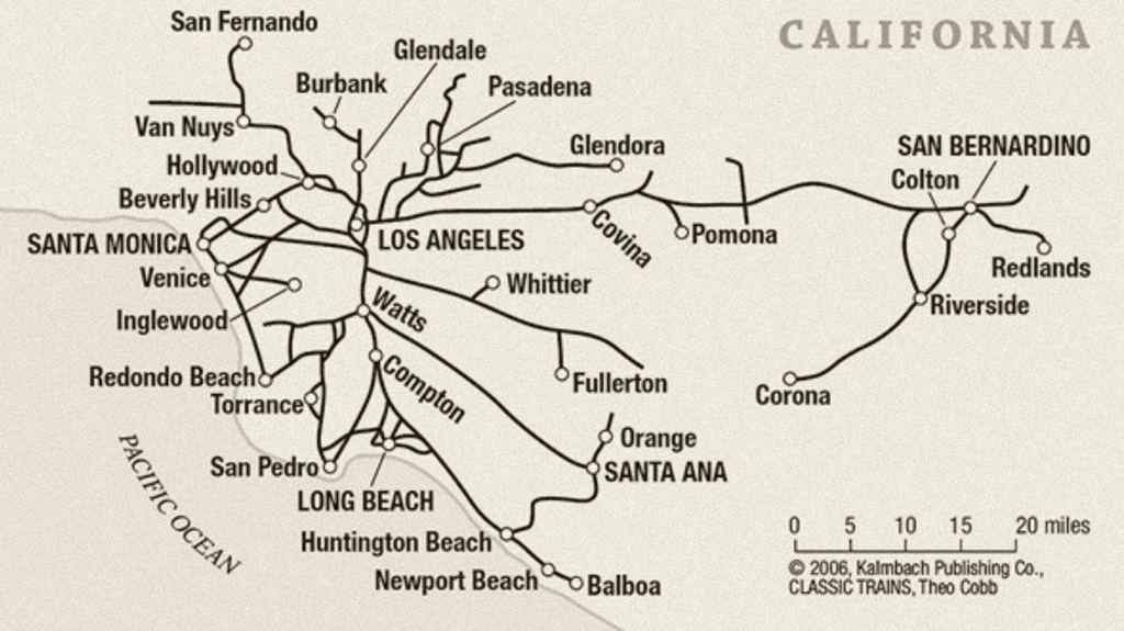 https://www.trains.com/ctr/railroads/fallen-flags/remembering-the-pacific-electric-railway/<br /><br />Pacific Electric (PE) was America’s largest interurban electric railway system, blanketing the Los Angeles region with more than 1,000 miles of rail lines. The origins of the Red Car system date back to 1895 and the opening of the region’s first electric interurban line connecting Los Angeles with Pasadena. In 1901, real estate and utility tycoon Henry Huntington formed the Pacific Electric, sparking an intense period of interurban expansion and a battle with the Southern Pacific (SP) railroad for control of the region’s electric railways. Huntington sold his interests in the PE to the SP in 1910, and the Great Merger of 1911 consolidated almost all of the region’s interurbans under SP control. In exchange for his interest in the PE, Huntington gained complete control of Los Angeles’ local streetcar system, the Los Angeles Railway.  https://socalrailway.org/collections/pacific-electric/