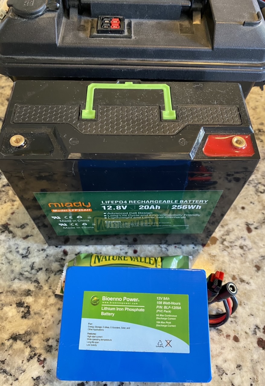 Two different brands of LiFePO4 batteries. The Bioenno offers excellent reliability and the highest energy density.