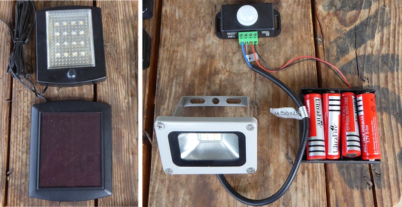 L to R:  A newer IR sensor $10 solution vs. a multi-piece motion/dusk to dawn solution at double+ the cost.