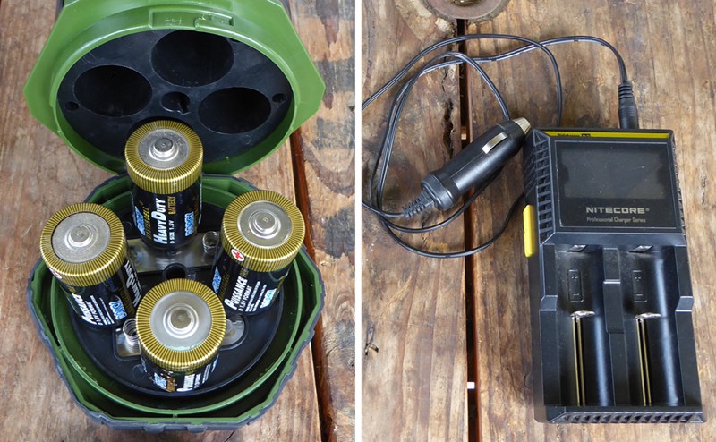 D cell batteries need management to avoid leaking batteries.  On the right a two-station 18650 charger that will plug into a 12V socket.