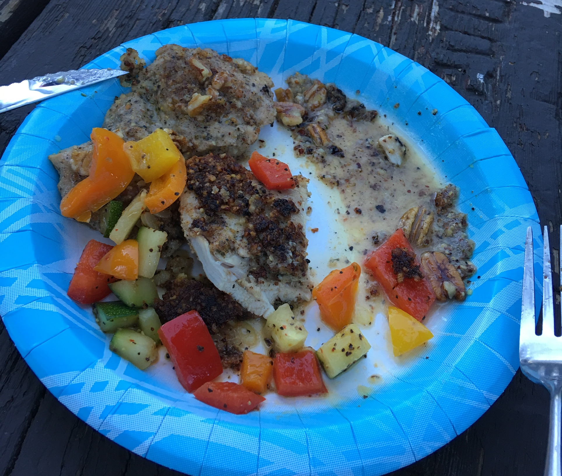 William Wolf pecan bourbon chicken with sautéed vegetables.
