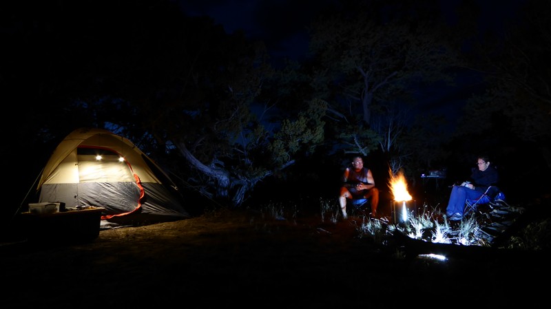Seeing facial features and other issues around the fire were lacking detail, a Harbor Freight LED light was used to provide a &quot;fill&quot; light.  Note the very different spectrum of light produced by the many sources available; warm from the fire flames to very cool; fill light under the log.