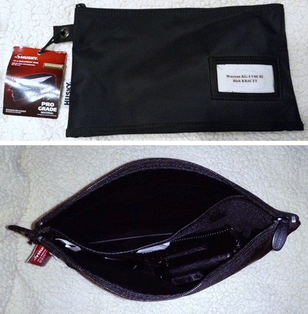 Features:  Good zipper; generous sized pouch; two sides to the pouch; external label window; and tab with grommet.