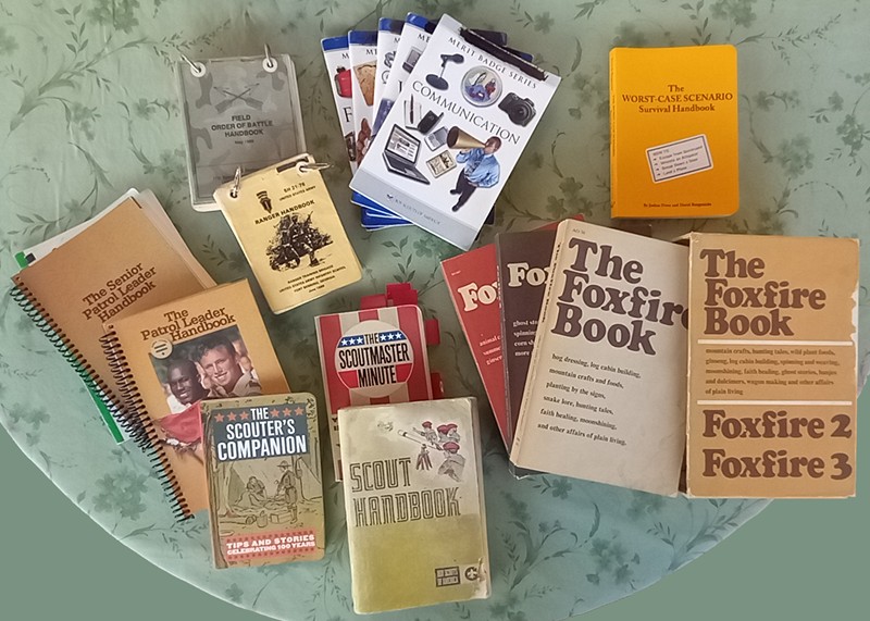 Lots of Scouting books that I found in various places. SF and Ranger Handbooks (HB) have worked well over the years. "Survival," how to books can be useful along with the Forxfire series of old school knowledge placed in a multi-series of books that are great for studying when you have some down time. The Scout Handbook (HB) is a classic tool.