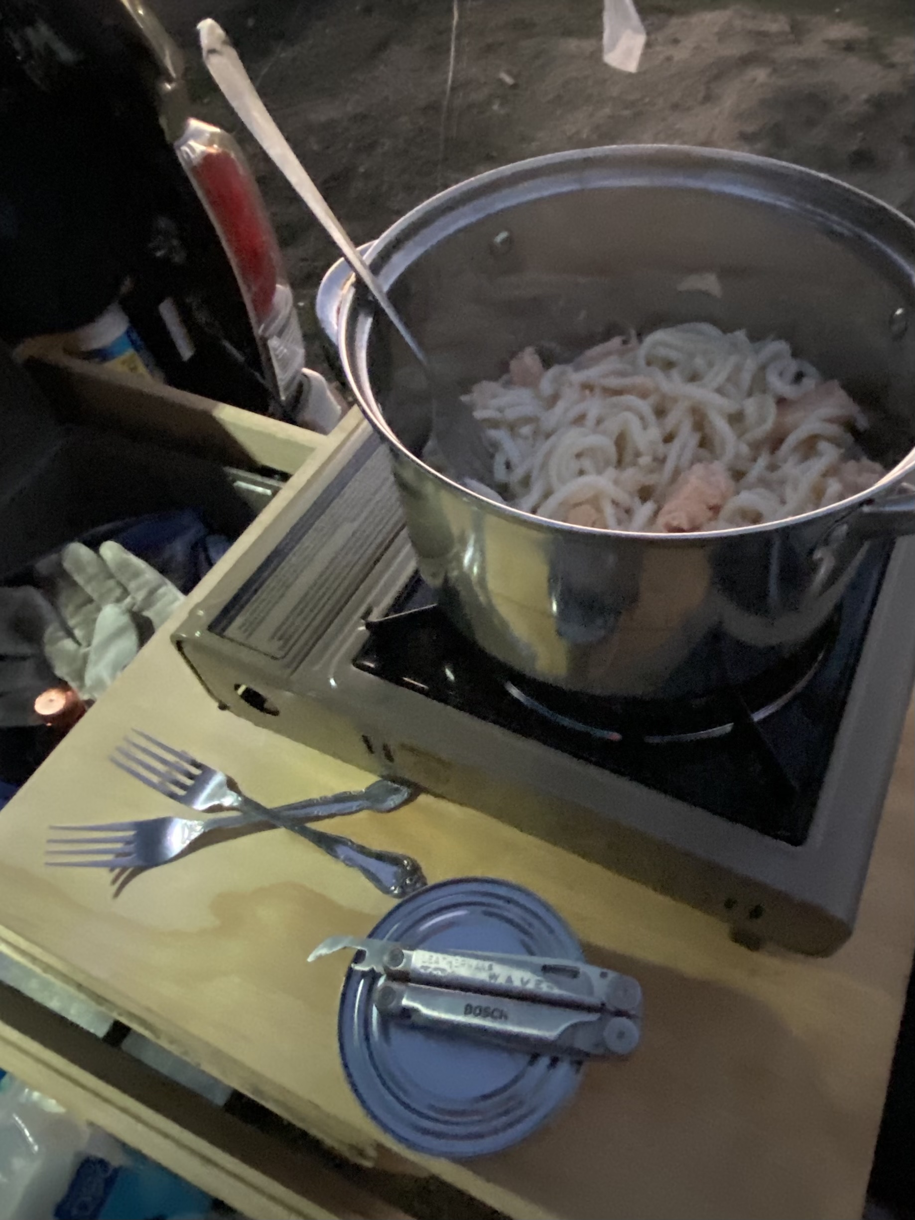 I left my can opener at home. The Leatherman multitool saved the evening.