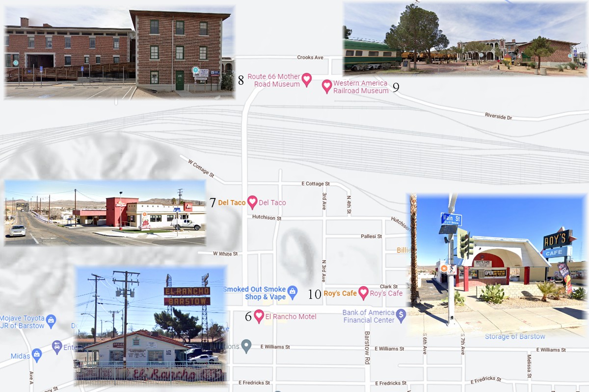 The concentration of sites in/around Barstow makes it a &quot;target rich environment&quot; for sight seeing and a segue into just about anything &quot;desert.&quot;  Not mentioned:  Hodge Road (BLM shooting area), Slash X Bar and Grill, Peggy Sue's Diner, Calico...  The list is be endless. (Credit:  Google Map)