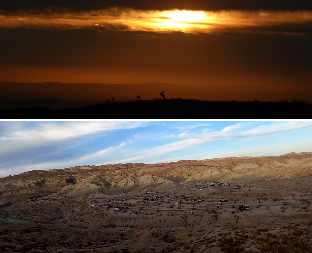View west at sunset from Owl Canyon Campground and east at the camp from the ridge above camp.