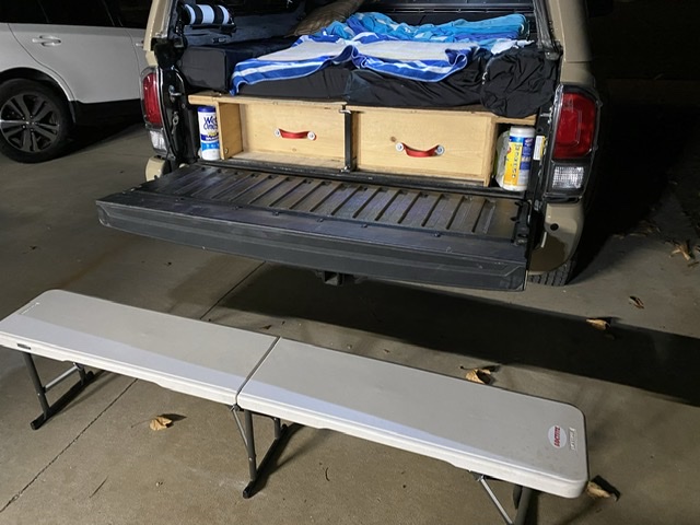 This will be my new step and shoe rack for those times when I use the Shell as a sleeper. In addition, it is the perfect height to use the tailgate as a dinning or HamShack seat.