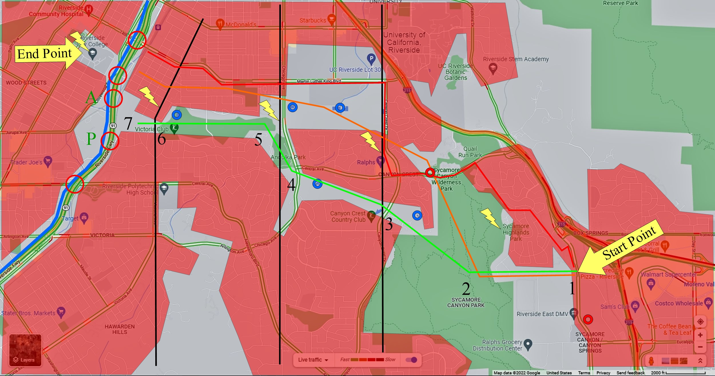 Routes home from a former job where there is Primary, Alternate and Contingency routes.  In addition there are communication points IDed with local fire departments plotted and large road crossings.