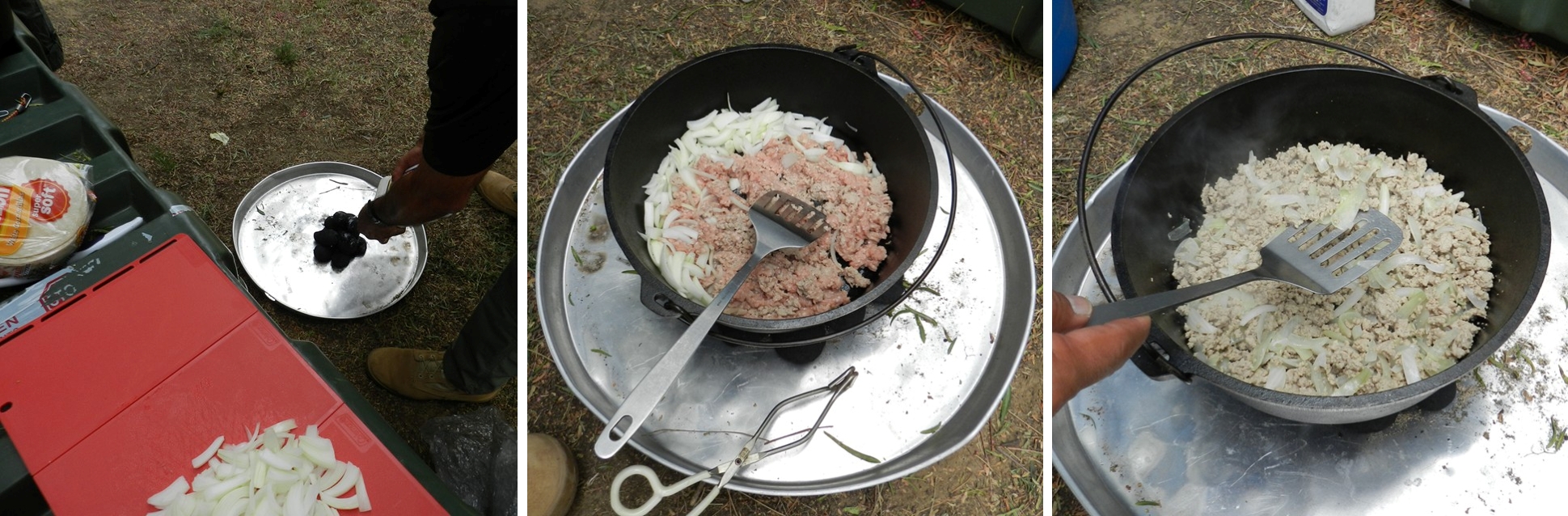 01  (L-R)  A large water heater tray has come in handy for starting and cooking with charcoal.  Brown your choice of ground meat and saute onions.