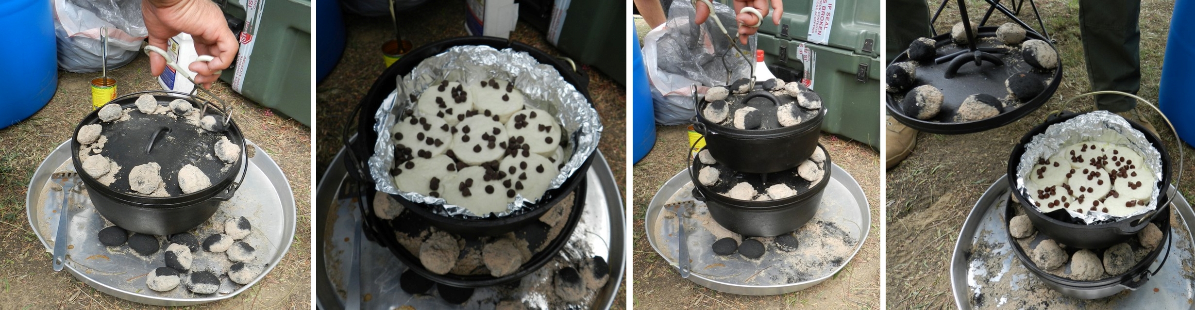 03 (L-R)  12&quot; Dutch oven; 12-14 coals on the bottom with 8-12 on the rim of the lid; this cooked first until ready to put the Grand Biscuits with icing on bottom/top w/chocolate chips sprinkled on top in an aluminum foil lined 10&quot; oven with 6-8 coals (coal count will depend on how big and efficient the coals appear to be.
