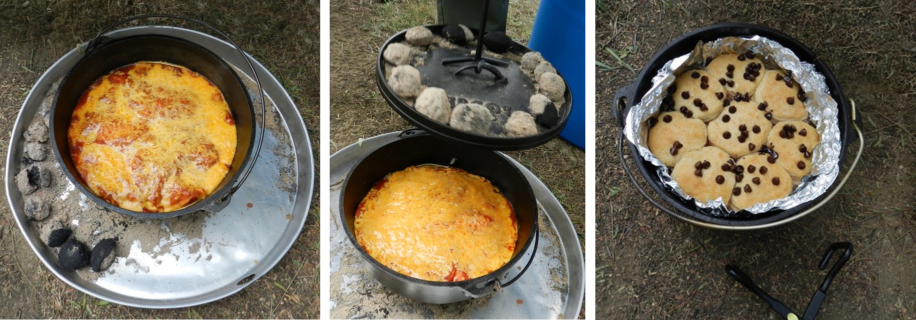 04 (L-R)  This technique allows for a hot meal with different courses in each layer.  You still have to rotate bottoms and lids every 10-15 minutes.  This helps to insure all the food is hot/warm when served and managing heat and sit-up time is an art form and not a science.