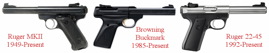 L-R Ruger MKII, Browning Buckmark and Ruger 22-45 (stainless)