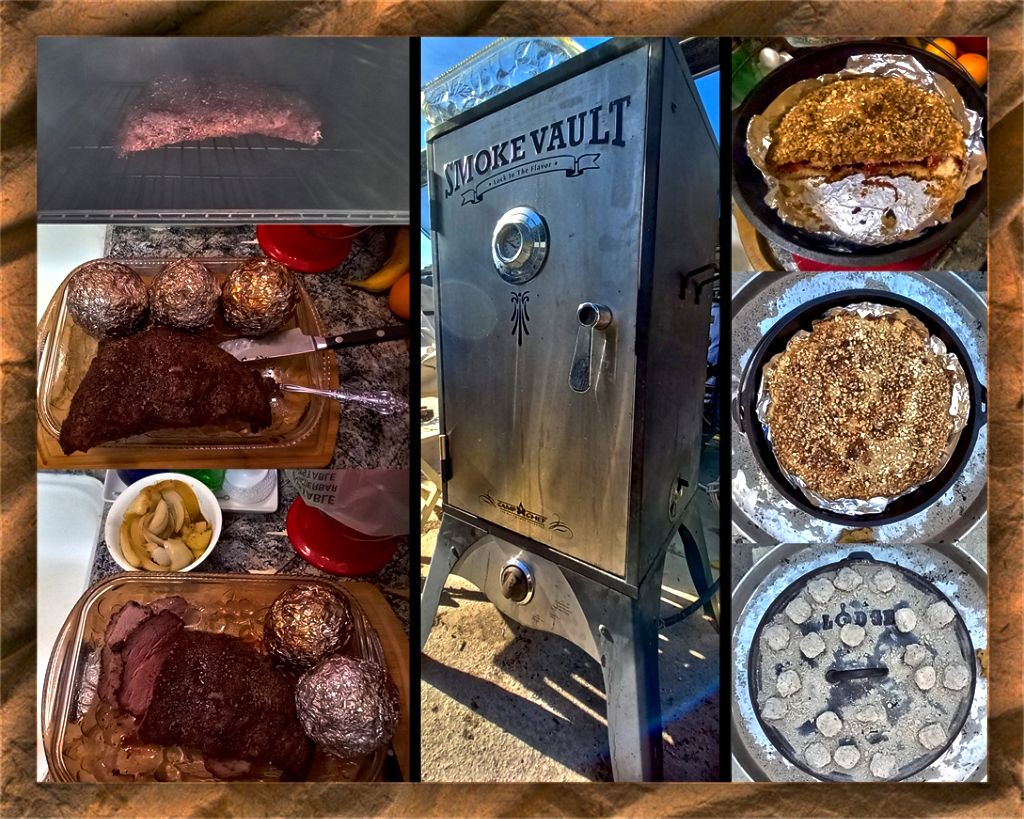 Cooking and eating in the outdoors is awesome!<br />o  A smoked tri-tip with dry rub in a propane smoker (my chosen method over charcoal where I started this journey).<br />o  Side items, in this case whole onions, in the smoker, buttered and seasoned to go with the meal (put in at the same time and for the same length of time as the main course so essentially no extra work).<br />o  Cast iron cooking, like this cherry crisp cake dessert are relatively easy and definitely rewarding when successful.  I'd say solar ovens and other techniques are just as interesting because it is not commonly done.