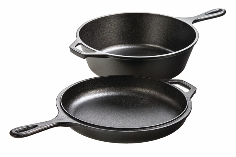 Lodge 3.2 quart shallow and deep skillet combo that can be used as two separate pieces or together as a pot with lid or even a Dutch oven substitute.