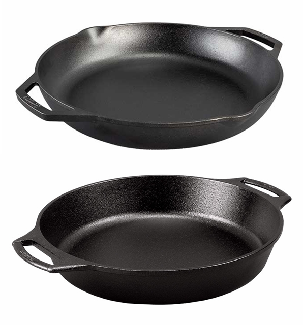 The two-eared skillets vs. the long handled skillets for packing convenience work just as well and they are easier to work around on stove top with limited space.