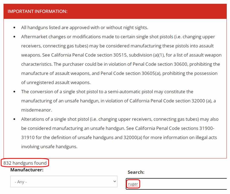 This is an example of search looking for .22 LR handguns.  Note on 832 firearms approved on the list.