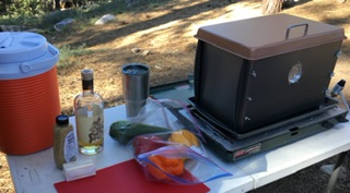 My personal double burner propane stove shown with a home built oven on top.