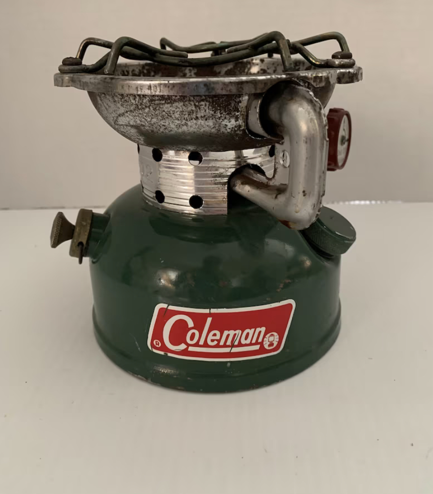 Single burner white gas stove.