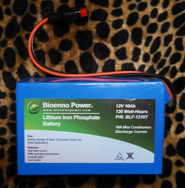 An older Bioenno 12-volt, 10 Ah battery that is lighter by almost half as much as a similarly rated SLA battery.  A noticeable difference in storage capacity and useable power.