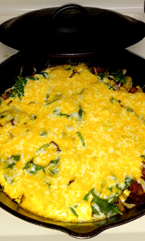 Here is example #2, same-same technique...&quot;egg pizza.&quot; This was probably onion and bacon cooked up first then a little spinach added before the whipped egg was added. The whipped egg comes out like deep-dish &quot;pizza&quot; with a crust on the bottom. You cover with a lid as soon as the egg is added allowing a little breathing room for the lid to let out moisture and you add the cheese when you feel confident the egg is almost done so you don't have raw egg under your melted cheese. Too much lid cover will add too much moisture to your &quot;egg pizza&quot; but if you make that mistake, just uncover the almost finished result on low heat and let the moisture evaporate without the lid.