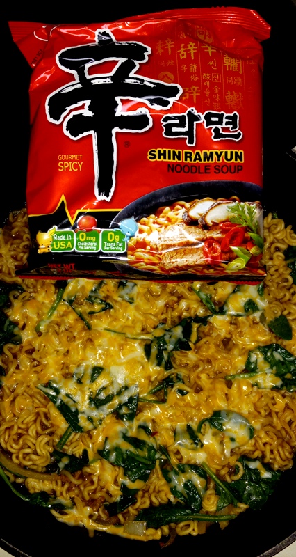 Here is a &quot;doctored&quot; Shin Ramyun meal that took quality Ramien to make. Sure, there are the Top Ramien noodle soups but this is the good stuff. I added spinach and cheese to this while keeping the water content low so that it was not soup after everything was said and done but more of a spicy noodle meal without all the juice. You can fry an egg and add it along with some protein as desired. You know, experiment with it!