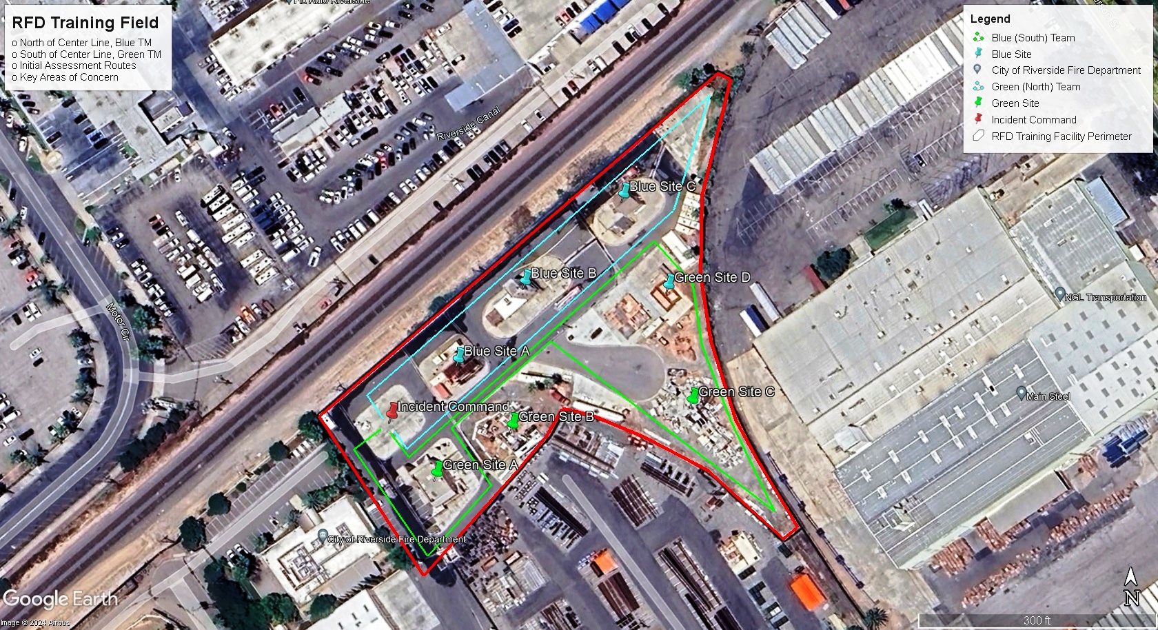 This is an example that I will present to the City of Riverside CERT group.  It reflects a breakdown of the CERT/FIRE training area with respect to FRS radio coverage.  This gives the IC commander situational awareness and helps to provide safety and continuity of action.