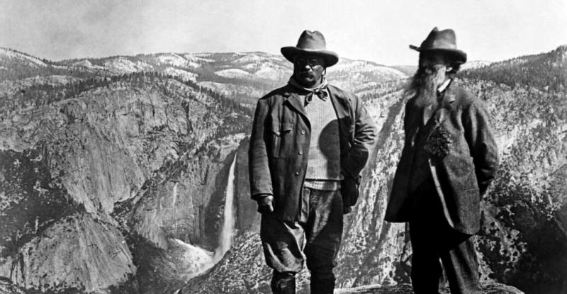 1903: Theodore Roosevelt and John Muir go on a three-day camping trip in Yosemite National Park. Photo taken at Glacier Point with the Yosemite Valley backdrop.  On this camping trip, Muir convinced Roosevelt to set aside this area and others to be preserved for all.  This is tonight's discussion and story.