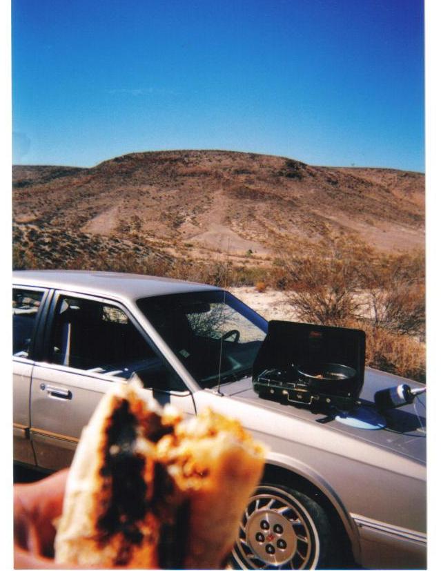 Field Kitchen, Expedient (LOL), on the hood of the Olds, which saw more off-roading than most lifted disco trucks combined. East San Diego County, CA.