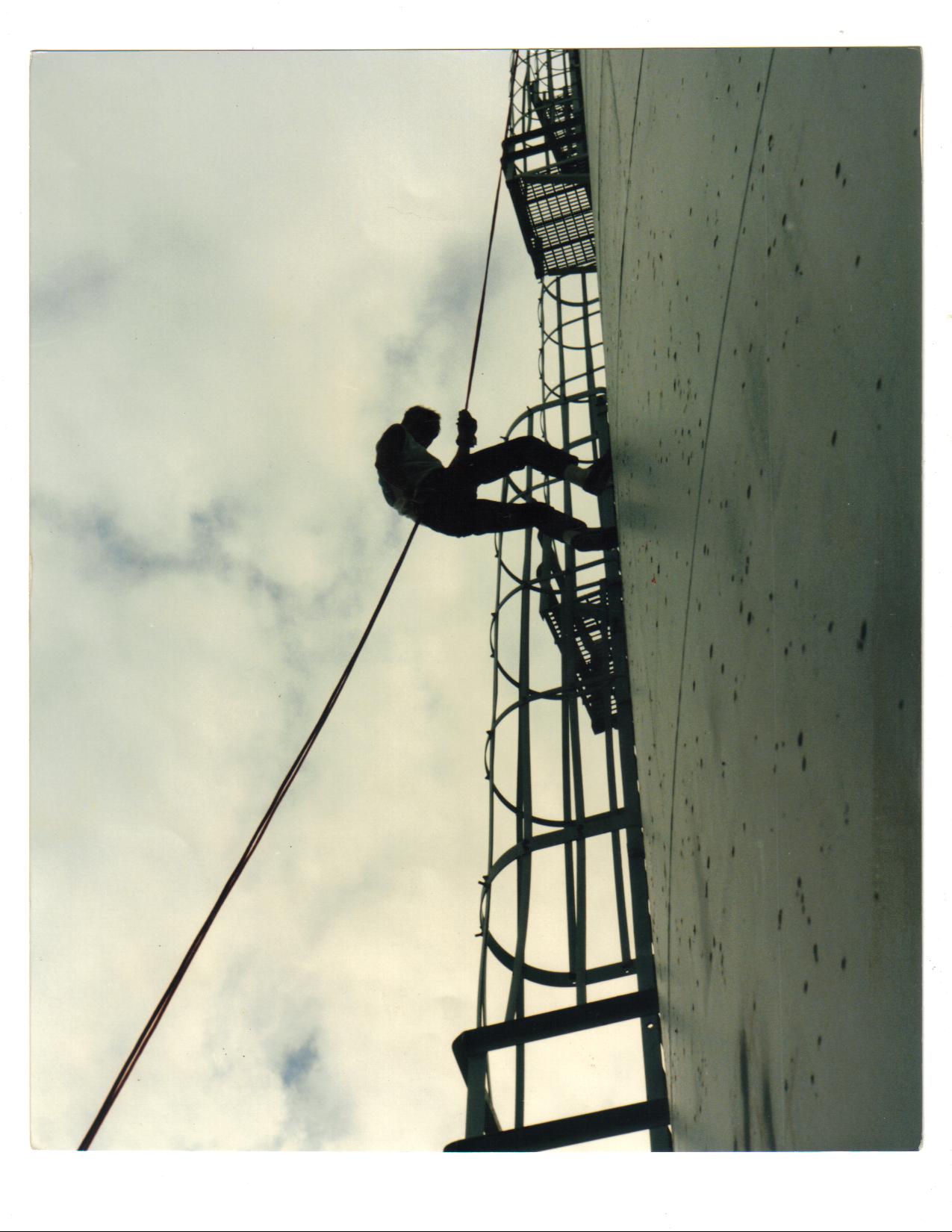 Rappel practice, 130' tower, San Diego, CA.